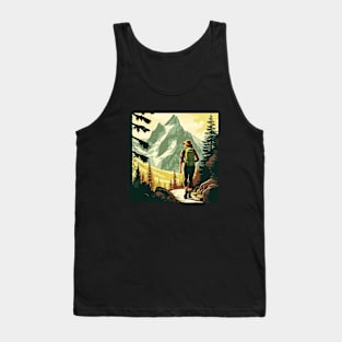 Woman Hiking in Forest Minimal Design, Adventure Mountain Tank Top